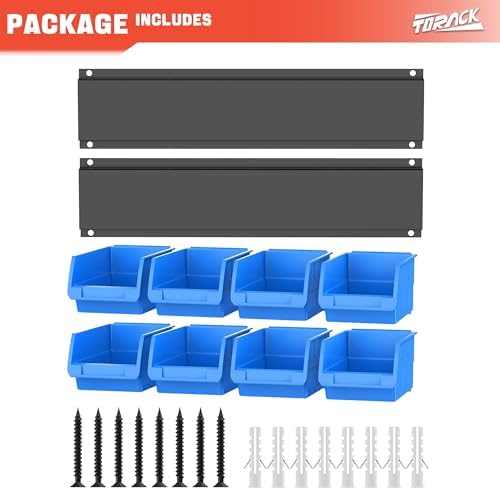TORACK Wall-Mounted Storage Bins, 8 Plastic Bins & 2 Tracks, Blue