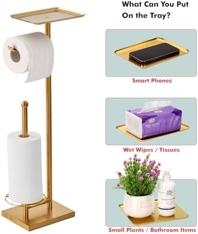 Toilet Paper Holder with Tray At the Top, Heavy-Weighted Base No Wobbly, Freestanding Toilet Paper Rolls Stand, Hold Extra 3 Paper Rolls On the Base (Gold)