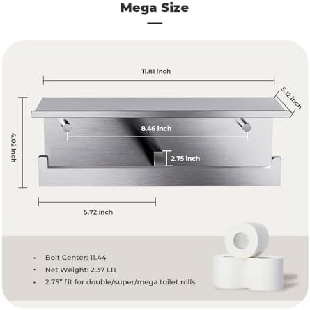 Double Toilet Paper Holder with Shelf, FreshGlow Large Tissue Holder Brushed Nickel, Wall Mount Commercial Toilet Paper Dispenser Phone Shelf Stainless Steel, Tissue Roll for Bathroom