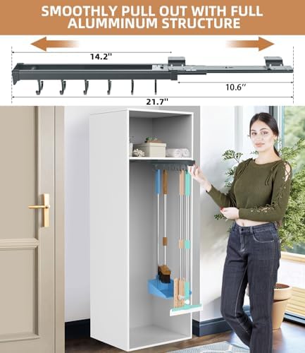 Pull Out Broom Holder With Adjustable Double Row Sliding Hook -Grey 14.17in