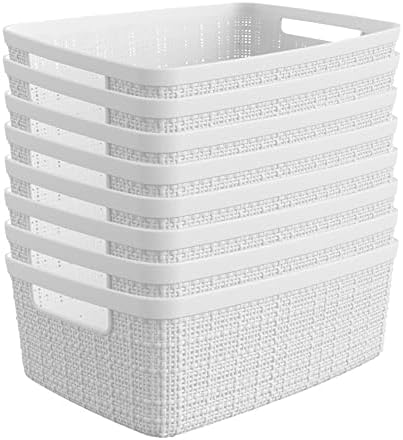 Curver Set of 8 Small 4.5L Jute Decorative Plastic Organization and Storage Baskets - Perfect Bins for Home Office, Closet Shelves, Kitchen Pantry and All Bedroom Essentials, White