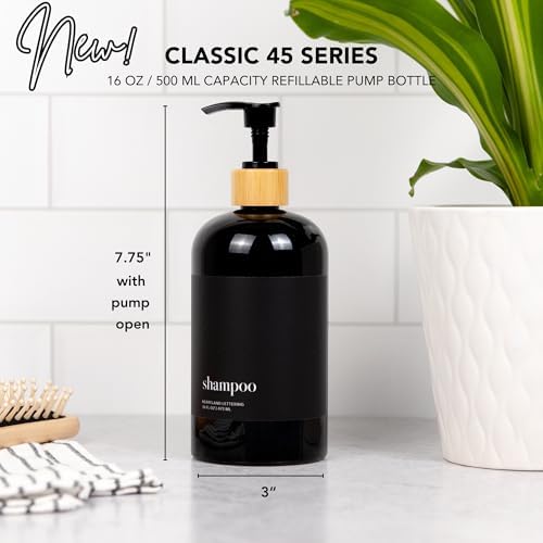 Heartland Lettering's Stylish Glossy Black Shampoo Dispensers with Matte Black Labels, Set of 3 Modern Shatterproof Plastic Bottles with Bamboo Pumps Instantly add Organization to Your Bathroom