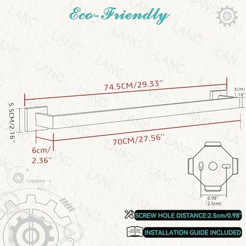 LANC 28-Inch Black Towel Bar for Bathroom Wall Mounted, Heavy Duty Towel Hanger Square Towel Rack SUS304 Stainless Steel Towel Rail Towel Rod Kitchen Lavatory Hand Towel Holder, A8804MB-7P1