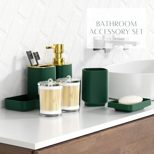 9PCS Bathroom Accessories Set Dark Green Bathroom Set Bathroom Accessories Sets Complete with Trash Can, Toilet Brush, Soap Dispenser, Qtip Holder, Toothbrush Holder Bathroom Decor Sets
