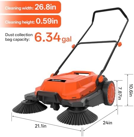 MAXLANDER 26-Inch Walk-Behind Floor Sweeper, Manual Push Cleaner with 6.3-Gallon Dust Container, Adjustable Folding Handle for Garage, Patio, Sidewalk & Yard