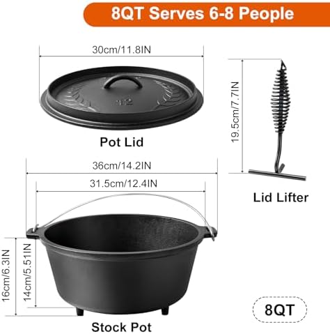 Pre-Seasoned 8QT Large Cast Iron Camping Dutch Oven Pot with Lid
