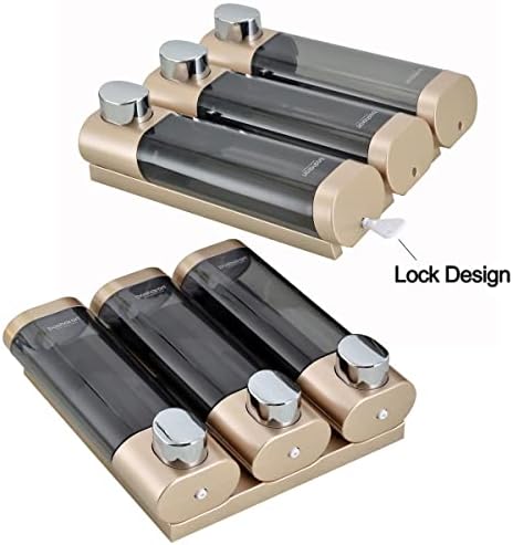 Triple Soap Dispenser Plastic Wall Mount Manual Liquid 3x300ml Shampoo dispensers with Lock for Bathroom (Gold)