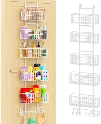 Hongtamoya Over The Door Organizer, Hanging Door Organizer with 5 Metal Baskets, Behind The Door Storage for Pantry Closet Bedroom Bathroom Cabinet Kitchen, White