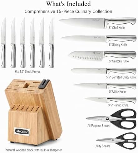 McCook Knife Set Kitchen Steel Knife Block Set w Built-in Sharpener