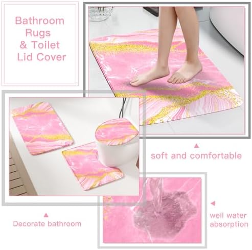 21PCS Bathroom Sets with Shower Curtain and Rugs Bathroom Accessories Set Pink Bathroom Set Complete with Trash Can, Toilet Brush, Qtip Holder & 3PCS Soap Dispenser