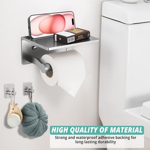 Toilet Paper Holder with Shelf and 2 Towel Hooks - Self Adhesive Toilet Paper Storage - Tissue Roll Holder with Phone Shelf - Wall Mount Toilet Roll Bathroom Organizer - Brushed Nickel