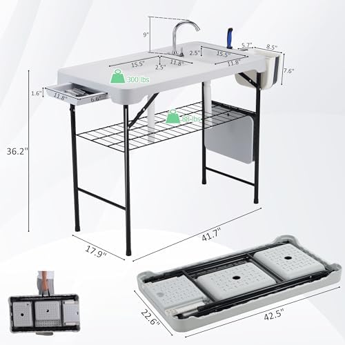 Dragosum 42" Outdoor Fish Cleaning Table with Double Sinks & Swivel Faucet