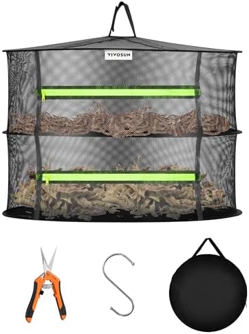 VIVOSUN 2-Layer Mesh Drying Rack Hanging Design with Green Zippers for Dehydrating, Indoor and Outdoor Pruning Shears Included