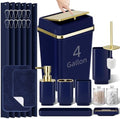 24PCS Bathroom Sets with Shower Curtain and Rugs Bathroom Accessory Set Navy Blue Bathroom Set, 4 Gallon Trash Can, Toilet Brush, Lotion Dispenser, Toothbrush Holder, Tray, Soap Dish