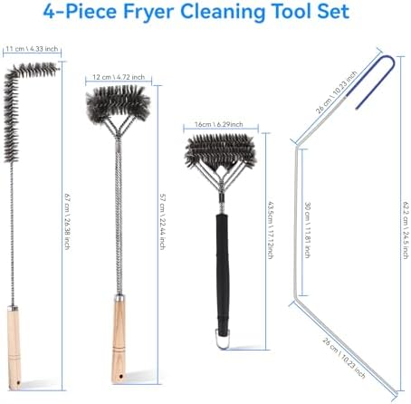 4-Piece Professional Deep Fryer Cleaning Kit - Commercial Stainless Steel Set with Dual-Layer Basket Brush, 3-in-1 Grill Scraper, L-Shape Brush & Drain Wand