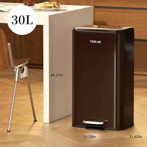 Kitchen Bathroom Trash Can - 8 Gallon Stainless Steel Garbage Cans with Foot Pedal, Recycling Bin with Lid for Office Bathroom Decor