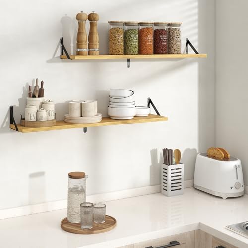 Floating Shelves 8 Inch Deep, 36W x 8D Wall Shelf Set of 2, 60 lbs Heavy Duty Reversible Metal Brackets, Industrial Book Shelf for Living Room Kitchen Bathroom Bedroom Gallery Wall, Oak