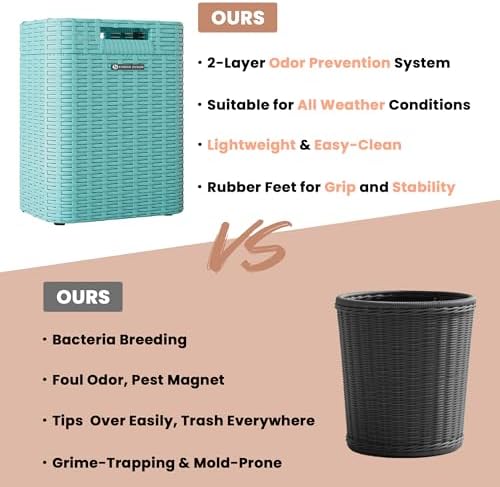 Ypati Handwoven Rattan Trash Can with Lid, Indoor and Outdoor, 4.5 Gallon with Complementary Shelf, Waste Container for Bathroom, Patio, Study, with Trash Bags, Grey, Designed by Eureka