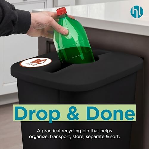 Home Logic Recycling Bin System, 3 Pack Waste Sorting Containers with Stickers, Plastic Trash Cans for Kitchen Garage Home Recycling Organization, 13 Gallon, Black