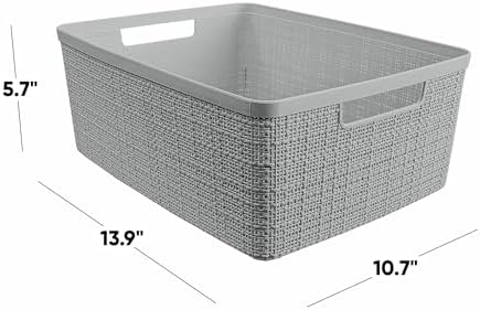Curver Set of 6 Medium 12L Jute Decorative Plastic Organization and Storage Baskets - Perfect Bins for Home Office, Closet Shelves, Kitchen Pantry and All Bedroom Essentials, Grey