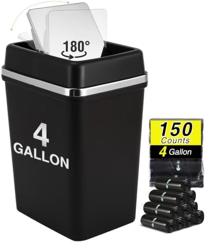 Bathroom Trash Can with Lid 4 Gallon Trash Can with Swing Lid Small Garbage Can Black Bathroom Trash Can with 150 Counts Trash Bags for Bathroom Bedroom Office Restroom Dorm