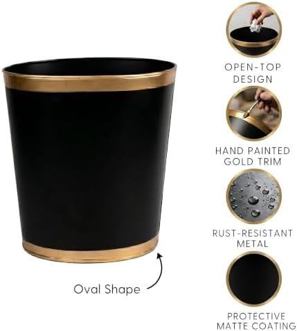 Jaye’s Studio Matte Black Waste Basket For Bathroom, Decorative Trash Can Gold Metal Basket, Black Bathroom Trash Cans For Bedroom & Office Wastebasket Garbage Bin, Gold Garbage Can Dorm, 12” x 10 x 8