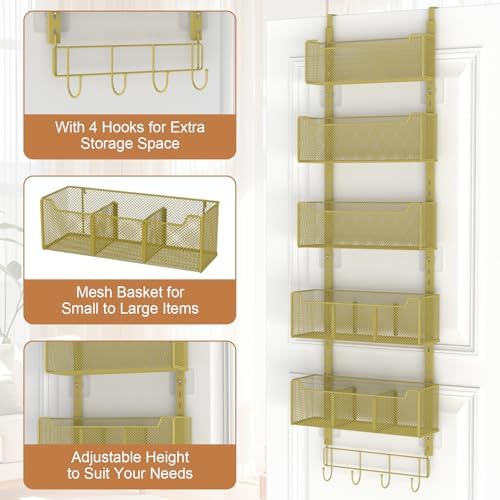 VyGrow Over The Door Organizer, Metal Door Organizer Hanging with 5 Adjustable Baskets and Coat Hook, Behind The Door Storage for Bedroom Closet Bathroom Pantry Cabinet Kitchen, Gold