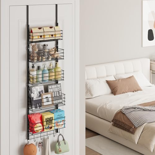 SWTYMIKI Over The Door Organizer - Door Organizer Hanging with 5 Adjustable Metal Large Capacity Basket and 6 Coat Hook, Wall Mounted Shelf for Bedroom Closet Bathroom Laundry Pantry Cabinet Kitchen