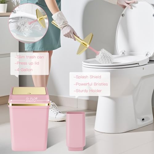 24PCS Bathroom Sets with Shower Curtain and Rugs Bathroom Accessory Set Pink Bathroom Set, 4 Gallon Trash Can, Toilet Brush, Lotion Dispenser, Toothbrush Holder, Tray, Soap Dish