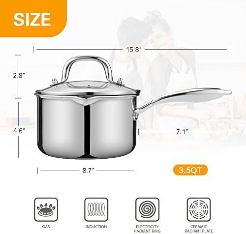 Stainless Steel Saucepan with Glass Lid, 3.5 Quart Multipurpose Sauce Pan, Sauce Pot - for Easy Pour with Ergonomic Handle