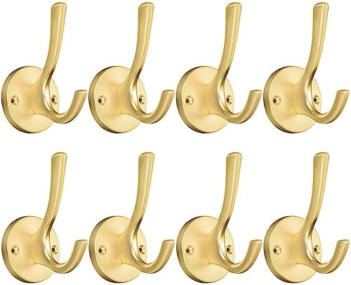 Coat Hooks for Hanging Coat Hooks for Wall Mounted Brass Wall Hooks Heavy Duty Brushed Robe Closet Hooks for Hanging Coats Entryway Metal Towel Hooks for Bathrooms (8, Gold)