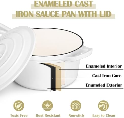 E-far Enameled Cast Iron Sauce Pan, 2 Quart Dutch Oven Saucepan with Lid, Small Sauce Pot for Cooking, Boiling, Healthy & Non Toxic, Induction & Oven Safe, White