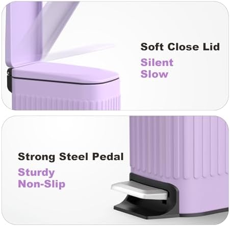 TrashAid 1.6Gal Slim Bathroom Trash Can with Lid Soft Close & Pedal, Purple