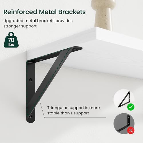 Floating Shelves 8 Inch Deep, 48W x 8D Wall Shelf Set of 2, 70 lbs Heavy Duty Reversible Metal Brackets, Industrial Book Shelf for Living Room Kitchen Bathroom Bedroom Gallery Wall, White