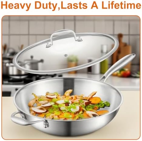 DELARLO Tri-Ply Stainless Steel Wok, 12 Inch Healthy Non-Toxic Cooking Wok Pan with Lid, With Side Ear, Wide & Deep Cookware Stir-Fry Pans, Dishwasher and Oven Safe Up To 600°F, Works on Induction