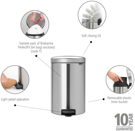 Brabantia NewIcon Pedal Bin 20L (Matt Steel) Soft-Closure Rubbish Bin with Removable Inner Bucket + Free Bin Bags