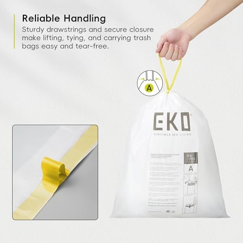 EKO 1.6 Gallon / 3-6 Liter, 80 Count Small Drawstring Trash Bags, Extra-Strong Unscented Garbage Bags, Easy-Dispense Roll for Kitchen & Household Use, Resists Tears, Leaks and Punctures, Code A, White