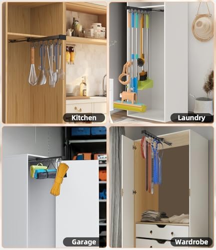Pull Out Broom Holder With Adjustable Double Row Sliding Hook-Black 14.17in