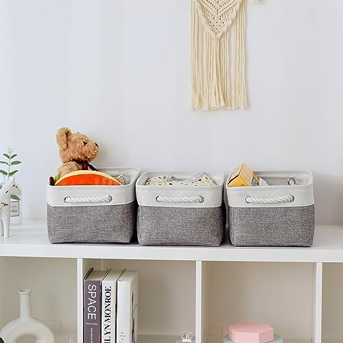 TheWarmHome Storage Bins for Shelves - 13.8L×9.8W×6.7H inch 3 Pack Medium Collapsible Storage Baskets for Organizing | Fabric Storage Cubes for Linen Closet Toy Home (White&Grey)
