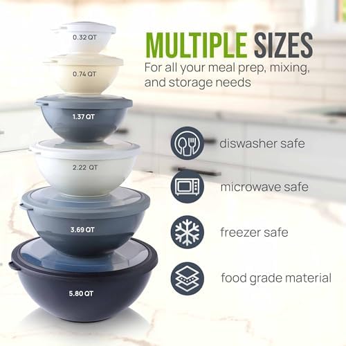 Zulay Kitchen 12 Piece Plastic Mixing Bowls with Leak-Proof Lids Set - Microwave and Freezer Safe Kitchen Mixing Bowls for Preparing, Serving and Storing - Large Nesting Bowls (Midnight Ombre)