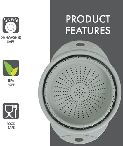 Dexas 10" Collapsible Silicone Colander in Sage, Kitchen Strainer with Handles, 15.1 Cup Capacity | BPA-Free, Heat-Resistant, Space-Saving Kitchen Tool