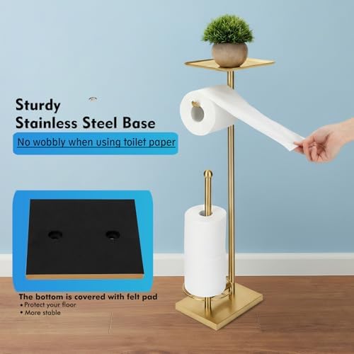 Gold Toilet Paper Holder with Shelf, Free Standing Toilet Paper Stand with Storage for Holding Extra 3 Rolls, Tissue Holder for Bathroom (Gold with Metal Base)