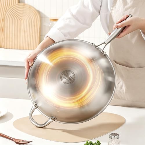 Stainless Steel 316 Wok with Glass Lid, Tri-Ply Stir Fry Pan with Handle, Induction Compatible (13 inch)