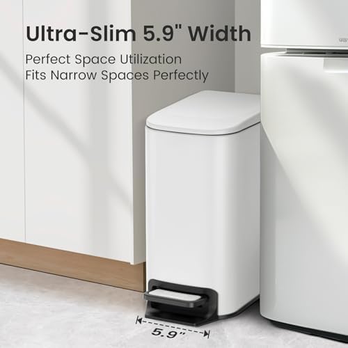 Cesun Small Bathroom Trash Can with Lid, 1.6 Gal, Soft Close, White