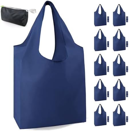 BeeGreen Navy Blue Reusable Grocery Bags Bulk 10 Packs, Kitchen Reusable Shopping Bags 50LBS Large, Machine Washable Durable, Easily Foldable with a Storage Bag