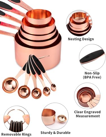 Joyhill Copper Measuring Cups and Spoons Set of 10 Piece, Stainless Steel Nesting Measuring Cup Set with Soft Touch Silicone Handles for Dry and Liquid Ingredients