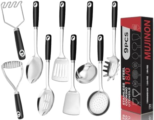 18/0 Stainless Steel Cooking Utensils Set, Heavy Duty Kitchen Utensils for Daily Use Party Wedding Housewarming, Dishwasher Safe, 9 Pieces