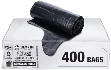 Aluf Plastics RCT-45X Star Sealed Coreless Rolls with E-Z Tie Flap Closure, 45 gal, Polyethylene, 40" x 46", Black (Pack of 400)