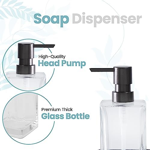 Square Glass Clear Lotion and Soap Pump Dispenser Set with Metal Stand Caddy for Bathroom Bath Kitchen Home Office Travel Hotel Hand Crafted Heavy Weight Oil Rubbed Bronze