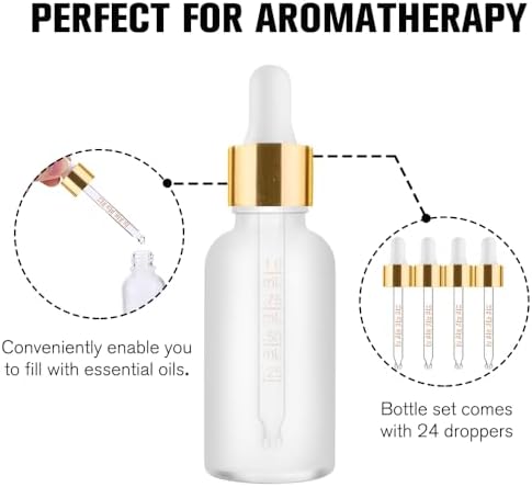 PrettyCare 1oz Glass Dropper Bottle Set of 24, Thick Rose Frosted Glass Bottles Empty with Leakproof Caps, Labels, Funnels - 30ml Eye Dropper Bottles for Storage, Travel, Essential Oils, Tincture